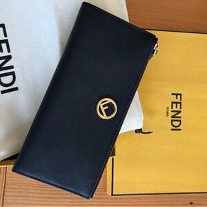 Fendi Black Leather Zip Continental Wallet with Gold Hardware